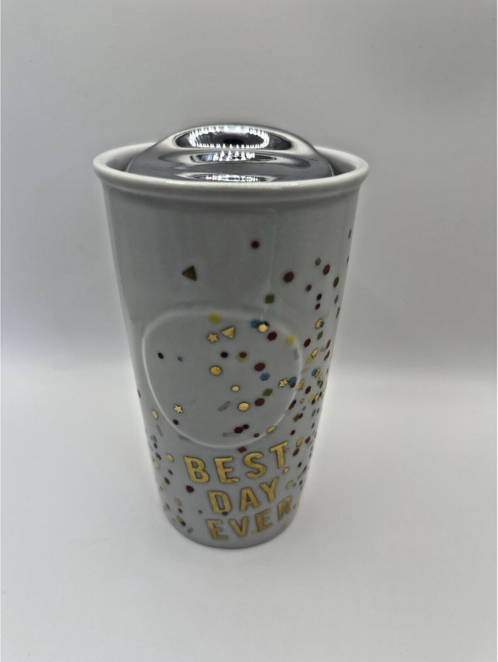 Starbucks Best Day Ever Confetti Ceramic Glass Travel Mug Tumbler & Lid 2015